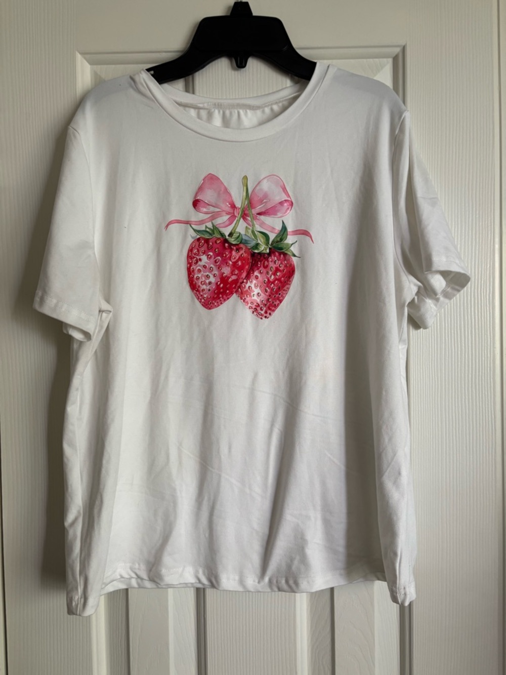 SHEIN White Tee with Pink Strawberry Bow Graphic